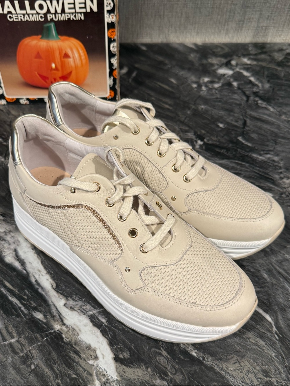 Nero Giardini Beige Lace-Up Platform Sneakers with Metallic Heel